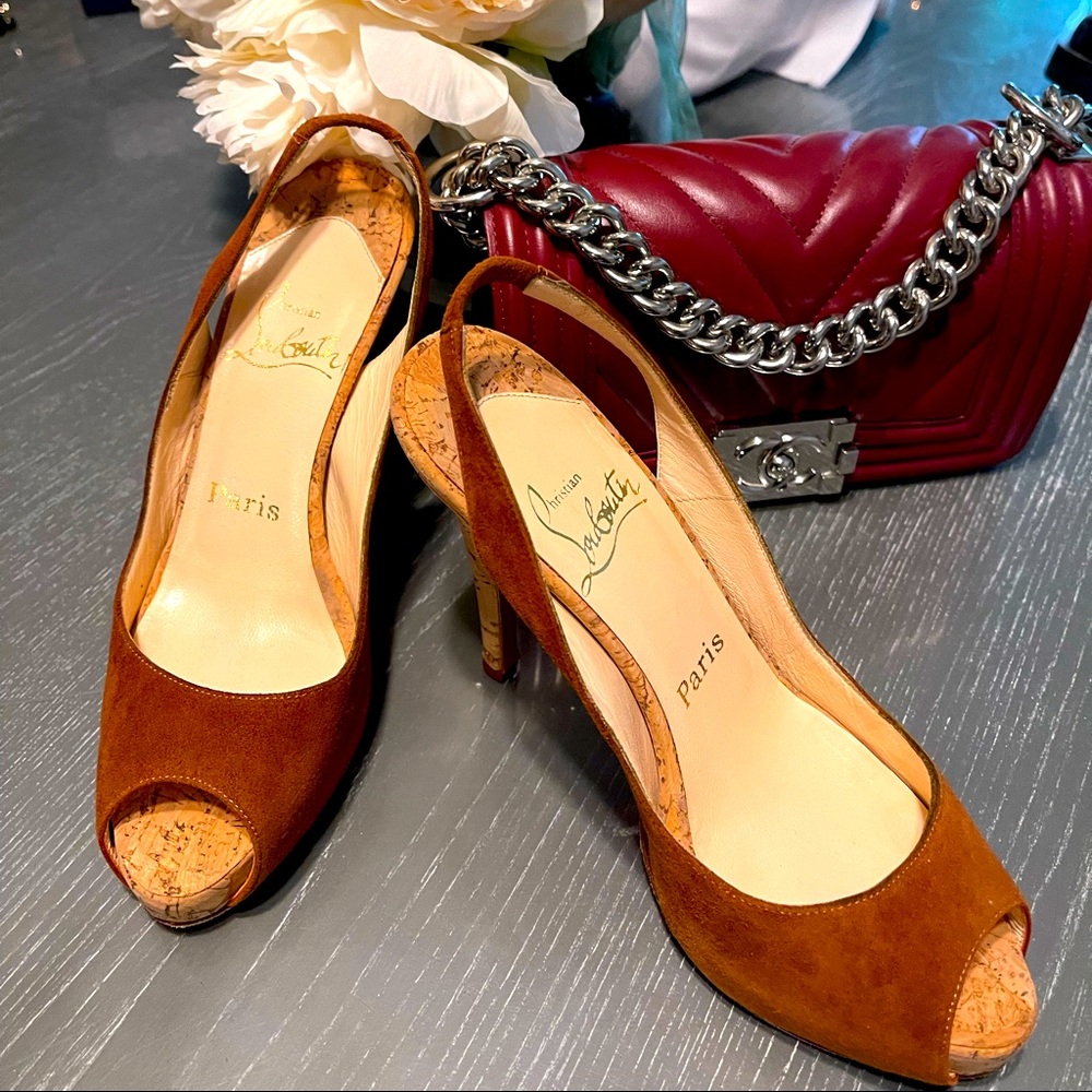 Christian Louboutin peep toe tobacco suede cork sling backs